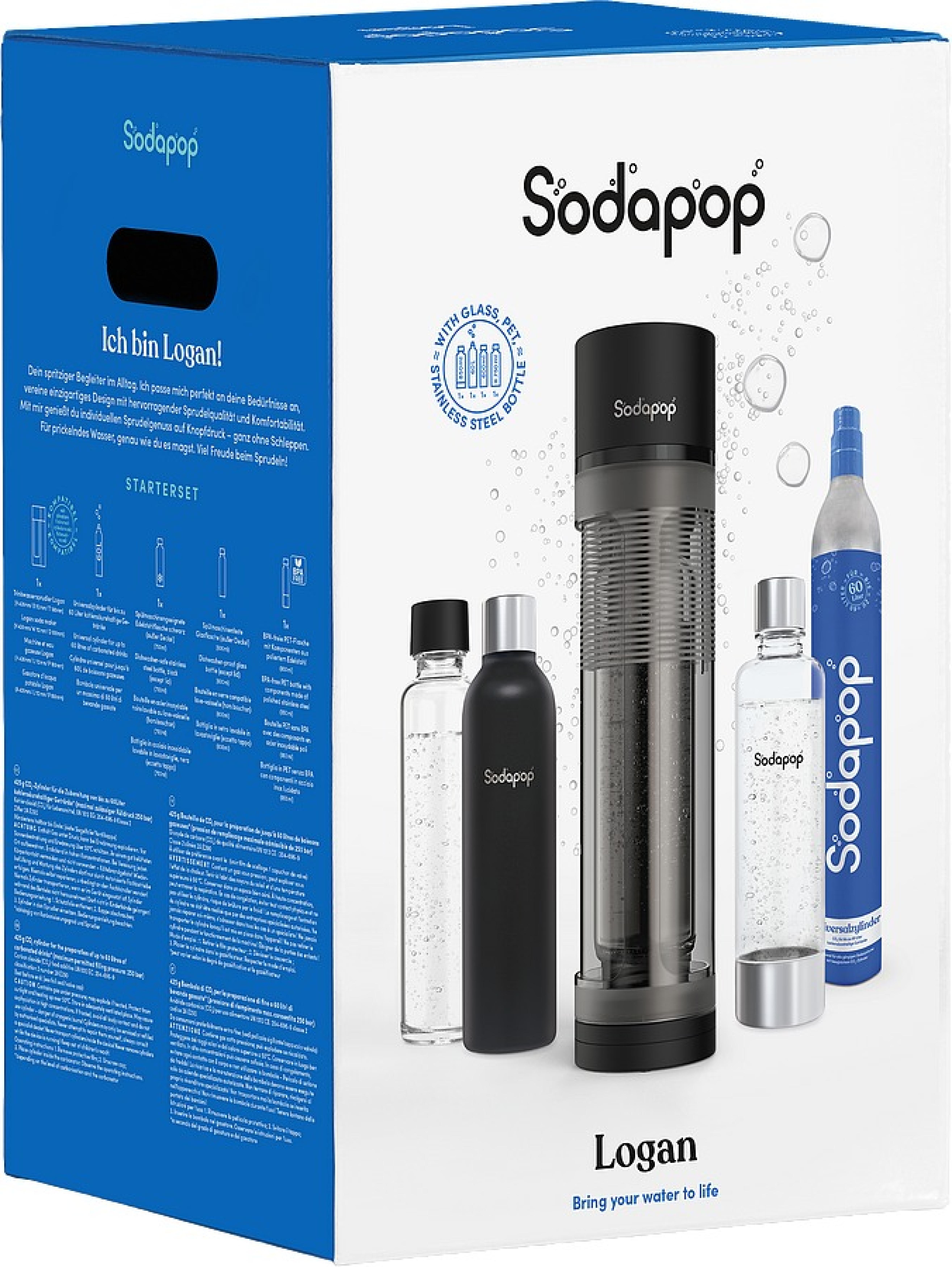 SODAPOP Wassersprudler Logan mit Glasflasche, PET Flasche, Edelstahlflasche + CO2-Zylinder