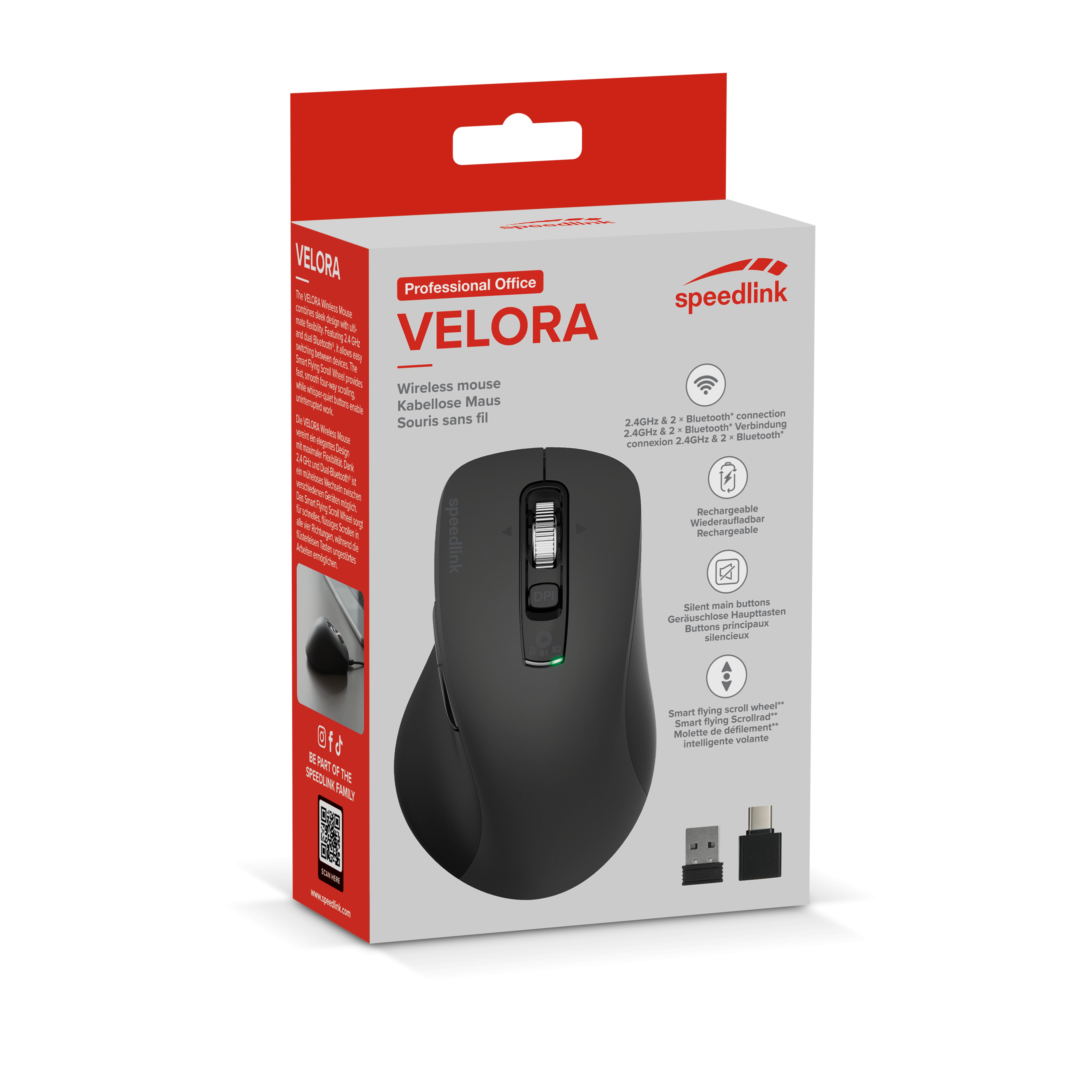 SPEEDLINK VELORA Rechargeable Mouse - Wireless, Bluetooth, Smart Flying Scroll Wheel, black