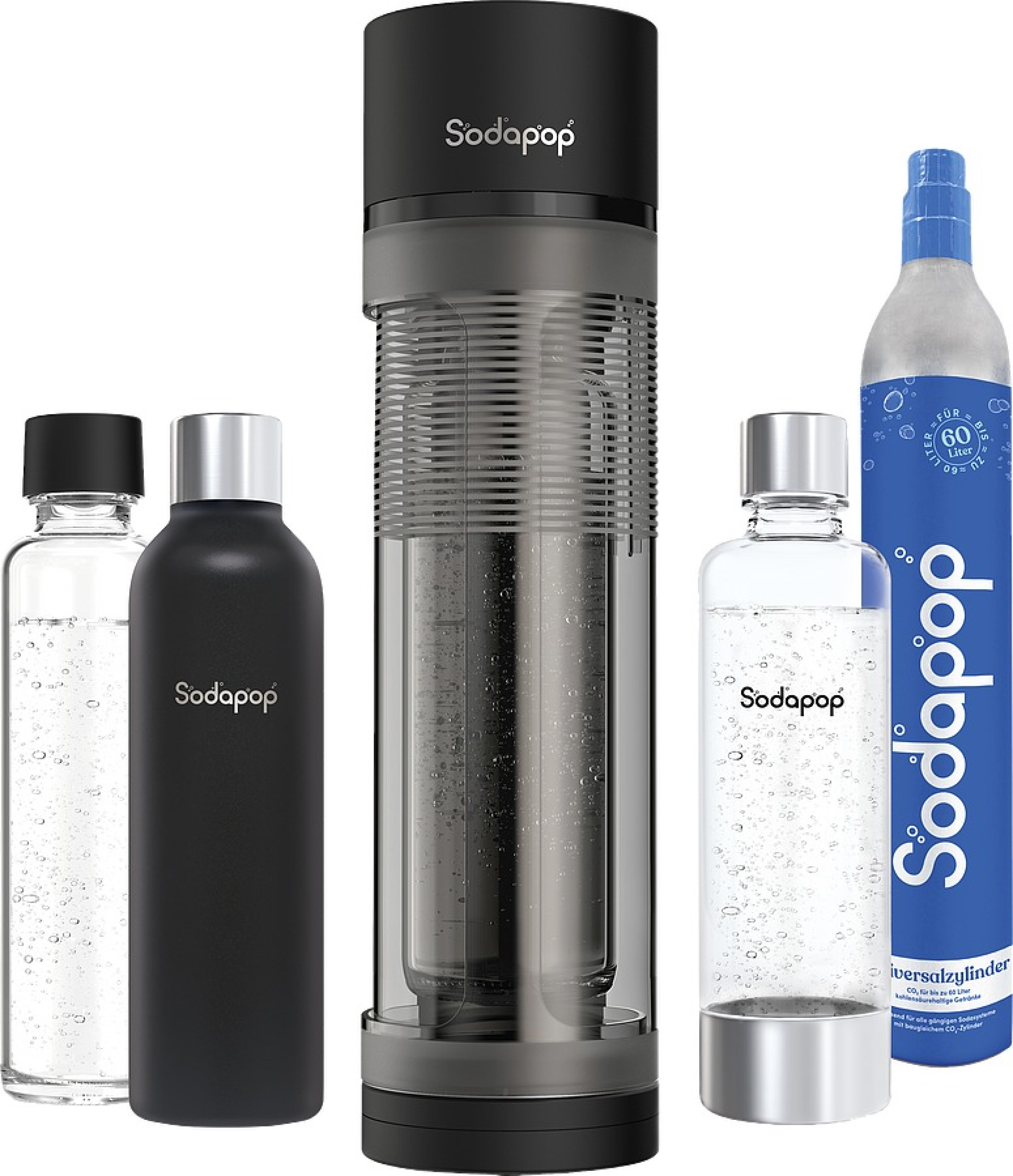 SODAPOP Wassersprudler Logan mit Glasflasche, PET Flasche, Edelstahlflasche + CO2-Zylinder