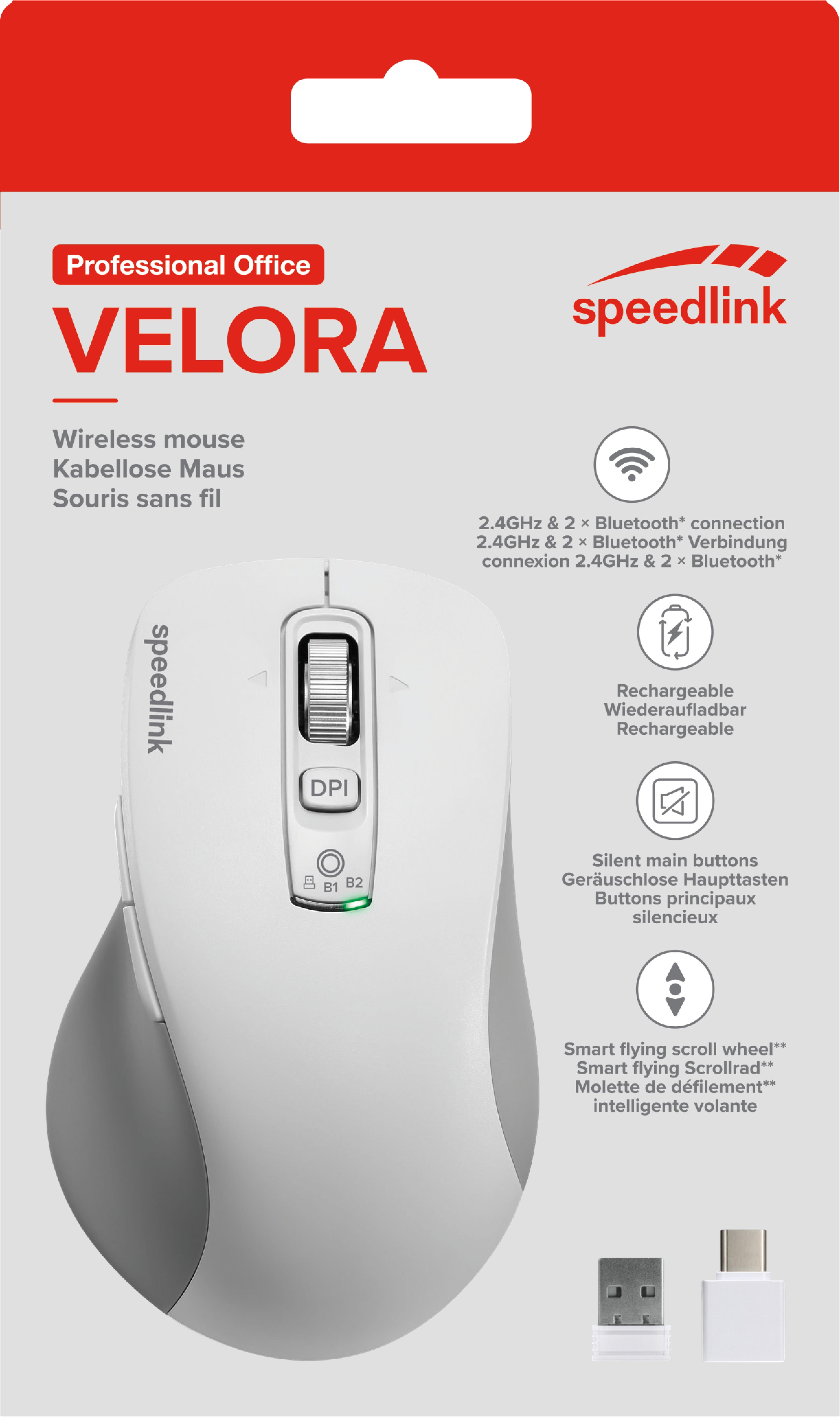 SPEEDLINK VELORA Rechargeable Mouse - Wireless, Bluetooth, Smart Flying Scroll Wheel, white