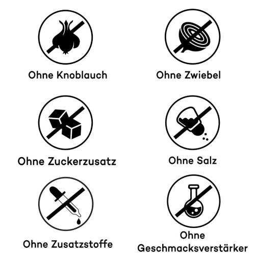 Piktogramme zeigen, dass das Produkt frei von Knoblauch, Zwiebeln, Zuckerzusatz, Salz, Zusatzstoffen und Geschmacksverstärkern ist