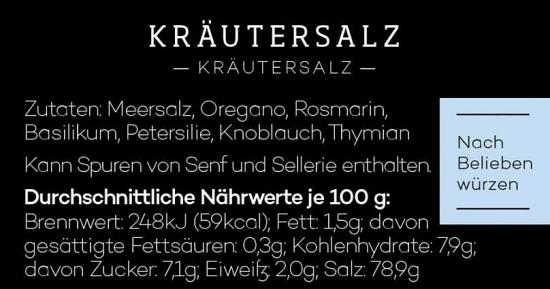 Etikett eines Kräutersalzes mit Zutaten und Nährwertangaben