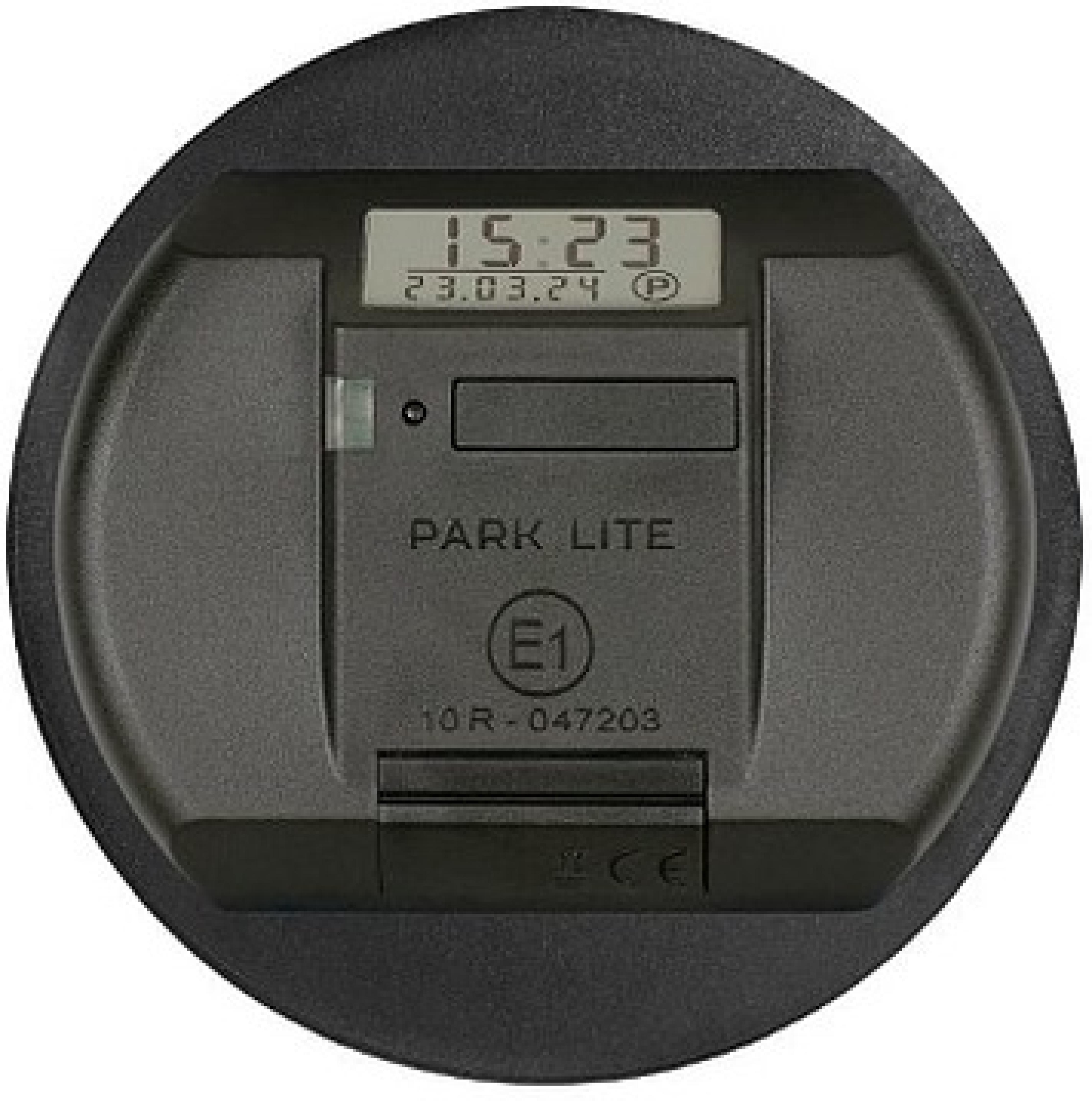 Runde elektronische Parkscheibe Park Lite mit digitaler Anzeige der Uhrzeit und des Datums auf der Vorderseite