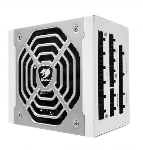 Weißes modulares Netzteil mit Lüfter und Anschlüssen
