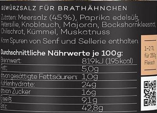 Etikett eines Gewürzsalzes für Brathähnchen mit Zutaten und Nährwertangaben