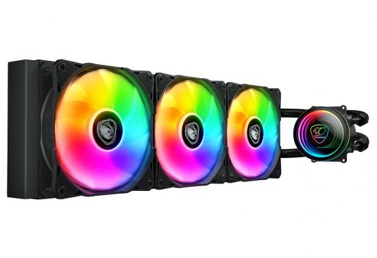 Dreifacher RGB Flüssigkeitskühler mit beleuchteten Lüftern für effiziente PC-Kühlung