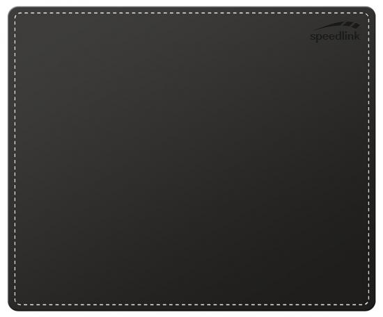 Ein schwarzes, rechteckiges Speedlink-Mauspad mit weißer Naht entlang der Kanten