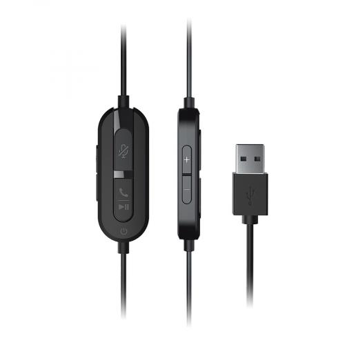 Schwarzer USB-Adapter mit Steuerung für Lautstärke, Mikrofon und Anrufannahme