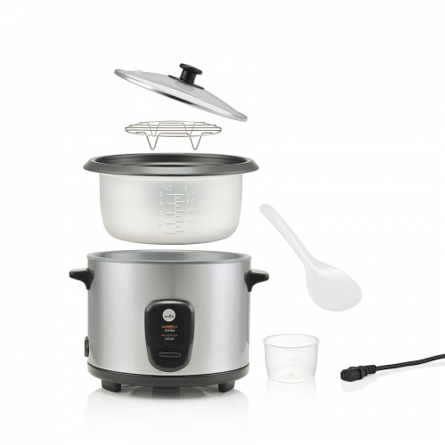 Elektrischer Reiskocher mit herausnehmbaren Teilen, einschließlich Innentopf, Deckel, Messbecher, Löffel und Stromkabel