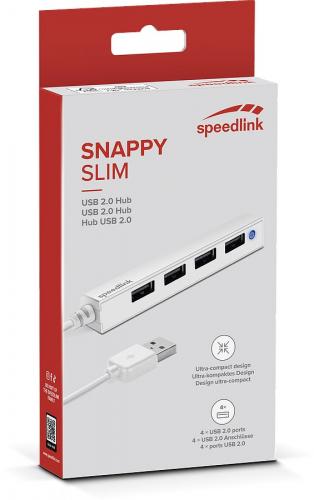 Speedlink Snappy Slim USB 2.0 Hub, ultra-kompaktes Design Produktverpackung des Speedlink Snappy Slim USB 2.0 Hubs mit vier Anschlüssen im schlanken Design