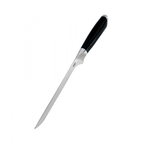 Ein schlankes Filetiermesser mit einem ergonomischen, schwarzen Griff