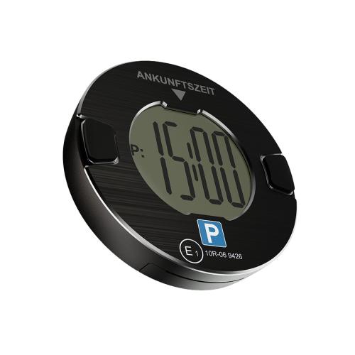 Digitale Parkscheibe in Schwarz mit LCD-Anzeige der Ankunftszeit 15:00