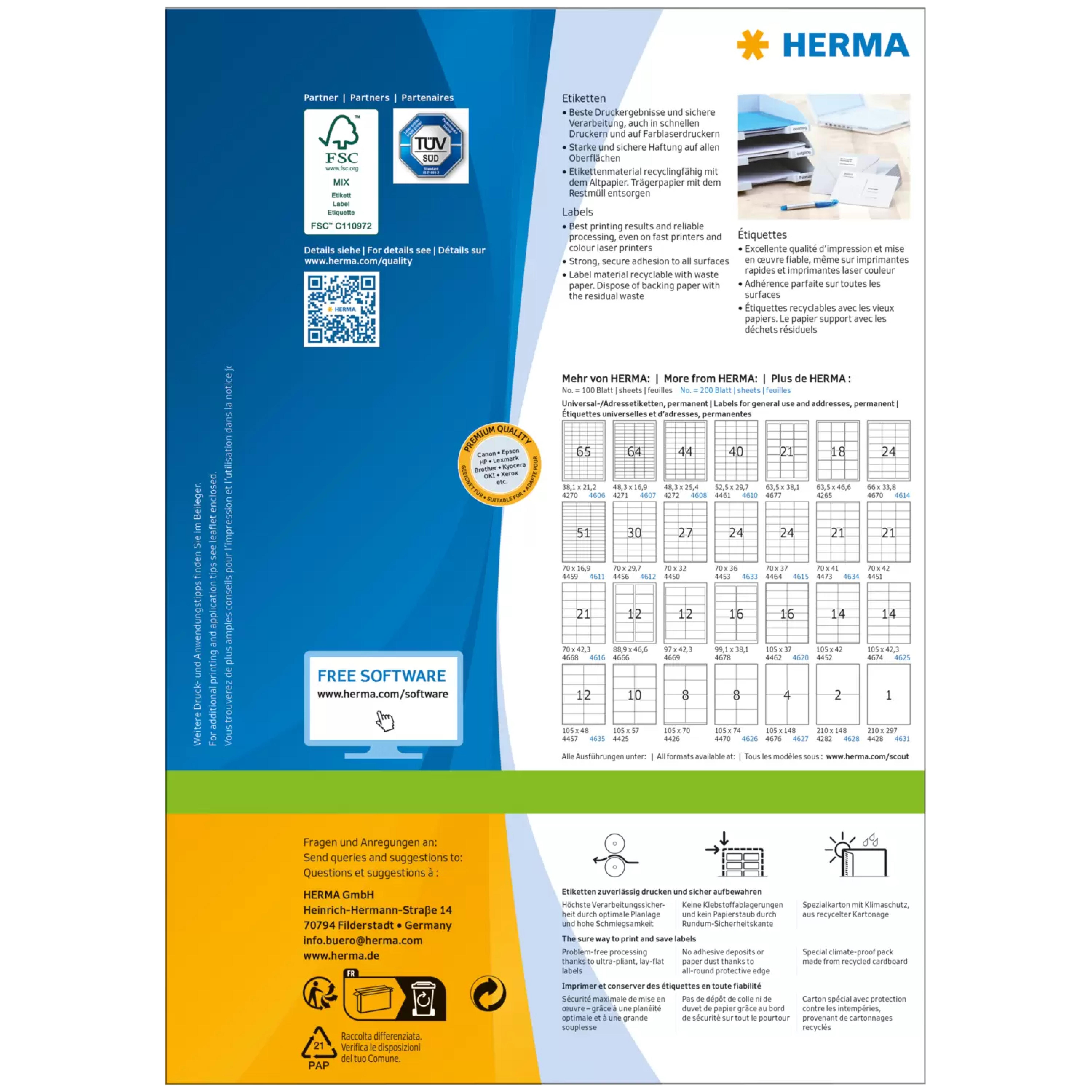 HERMA Adressetiketten A4 weiss 63,5x38,1 mm Papier 2100 St.