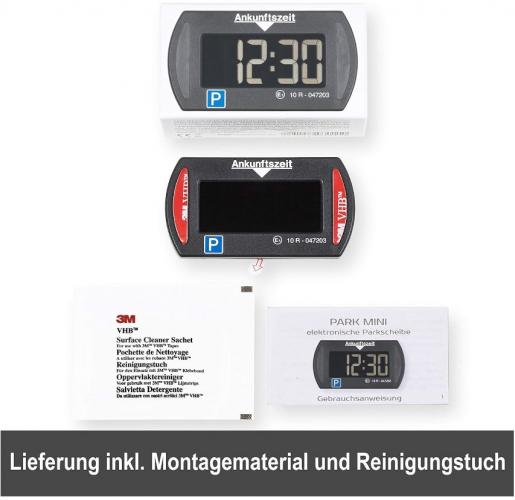 Elektronische Parkscheibe, Montagezubehör und Reinigungstuch im Lieferumfang enthalten