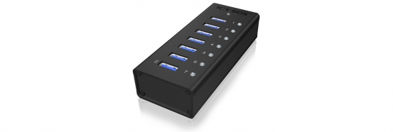 Schwarzer USB-Hub mit sieben blauen USB-Anschlüssen