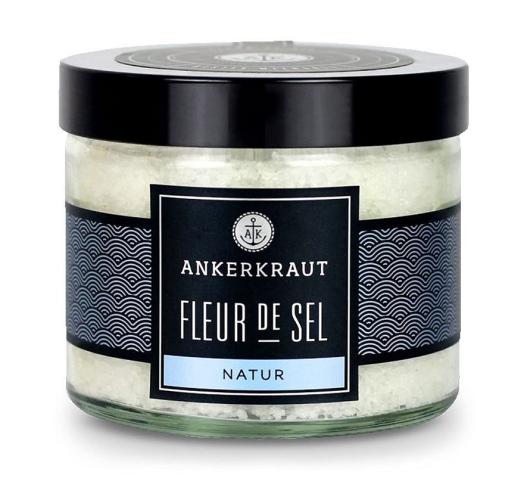Glasbehälter mit Ankerkraut Fleur de Sel Natur, 160 Gramm, mit schwarzem Deckel und Etikett