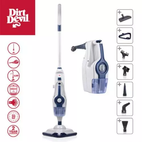Dirt Devil Dampfreiniger mit abnehmbarem Handgerät und verschiedenen Aufsätzen für gründliche Reinigung.