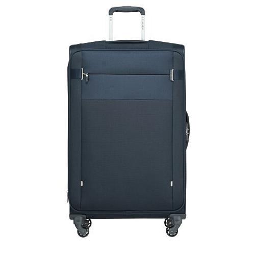 Dunkelblauer Trolley-Koffer mit Rollen, ausziehbarem Griff und Fronttasche