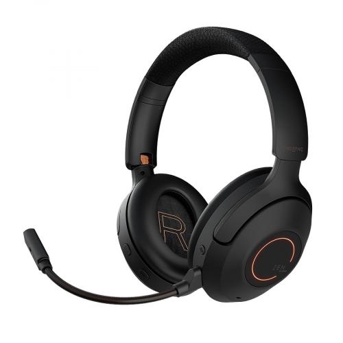 Schwarzes kabelloses Gaming-Headset mit abnehmbarem Mikrofon und leuchtenden LED-Elementen