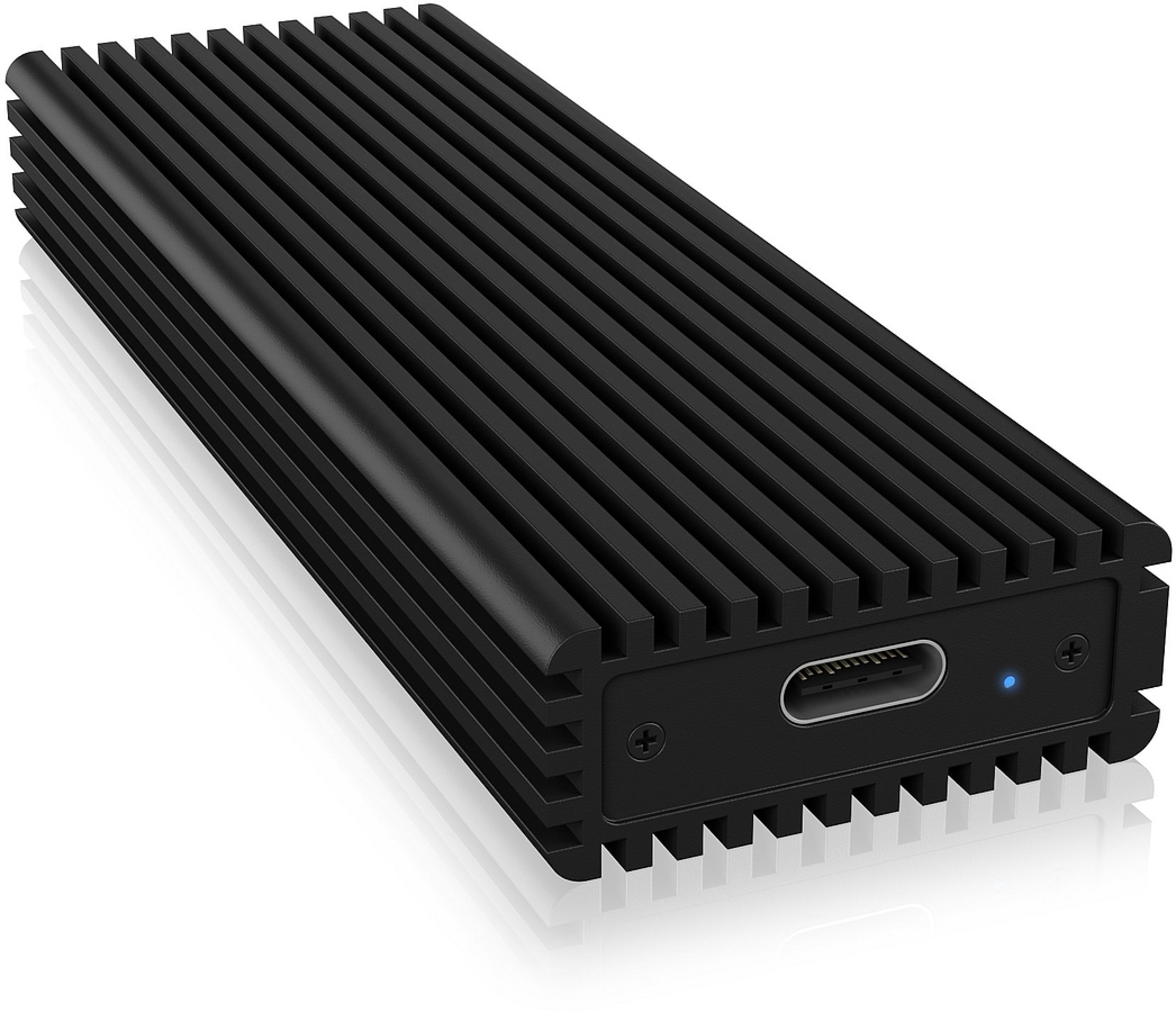 Schwarzes externes SSD-Gehäuse aus Aluminium mit gerippter Oberfläche und USB-C Anschluss