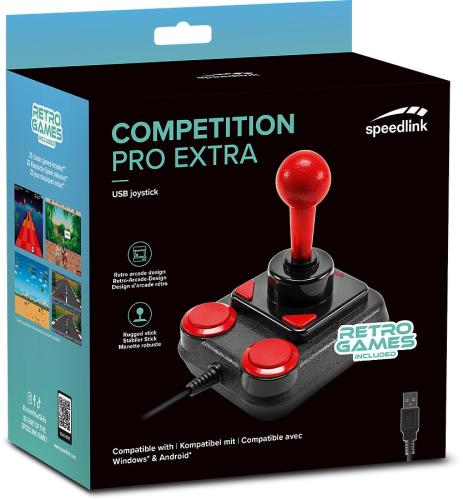 Box des Speedlink Competition Pro Extra USB Joysticks mit Retro-Spielen. Enthält ein Retro-Design-Joystick und ist kompatibel mit Windows und Android.
