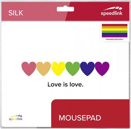 Mauspad mit Regenbogenherzen und der Aufschrift 'Love is love'