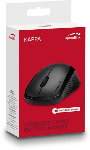 Verpackung der Speedlink Kappa Wireless Drei-Tasten-Maus in Schwarz mit ergonomischem Design