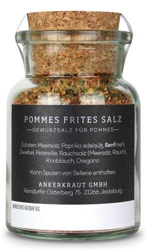 Ein Glas mit Gewürzsalz für Pommes Frites, beschriftet mit Zutaten wie Meersalz, Paprika und Oregano.