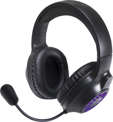Schwarzes Gaming-Headset mit integriertem Mikrofon und lila LED-Beleuchtung für komfortables Spielerlebnis