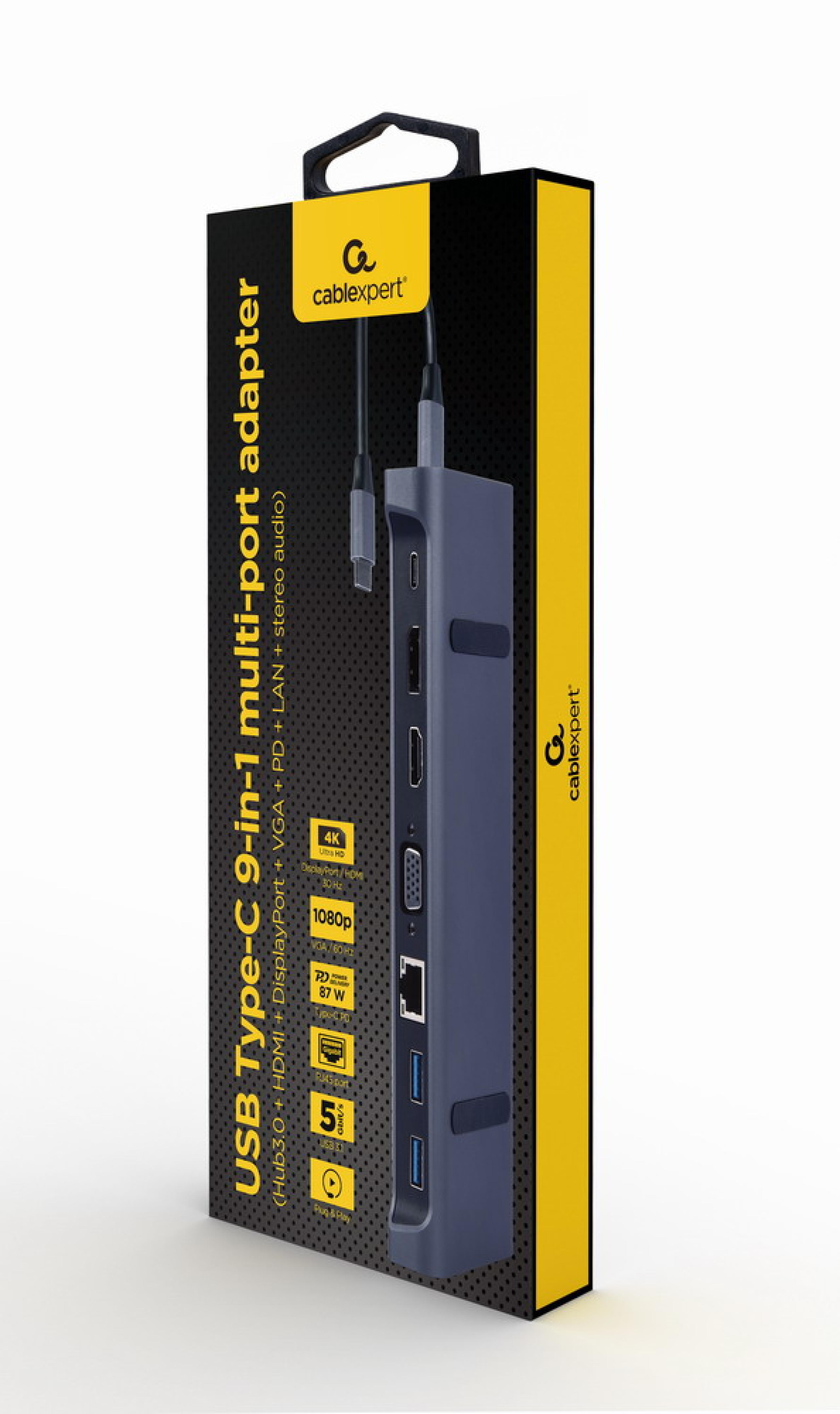 gembird USB Typ-C 9-in-1 Kombi Adapter HUB+HDMI+DP+LAN grau