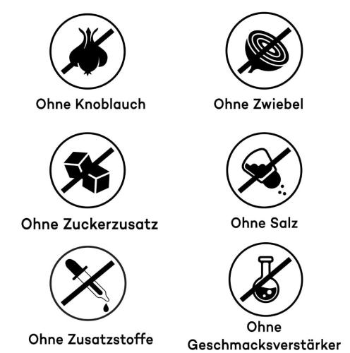 Bild mit Symbolen, die zeigen, dass das Produkt keinen Knoblauch, Zwiebel, Zuckerzusatz, Salz, Zusatzstoffe oder Geschmacksverstärker enthält.