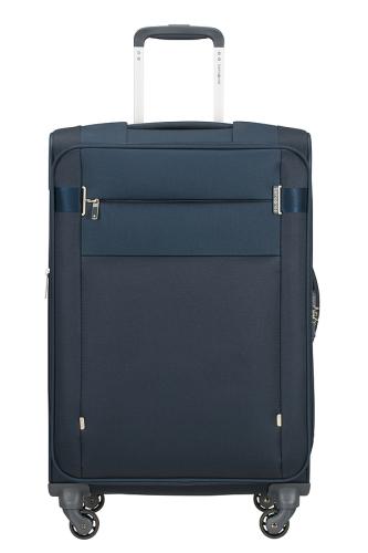 Großer blauer Reisekoffer mit Teleskopgriff und vier Rollen, ideal für Reisen