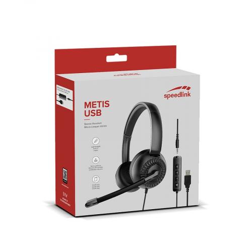 Verpackung des Speedlink METIS USB Headsets, schwarz, mit integriertem Mikrofon und USB-Anschluss, ideal für Büroanwendungen