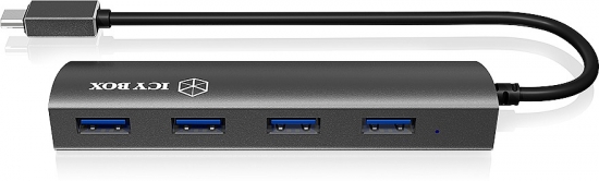 Schwarzer USB-C Hub mit vier blauen USB 3.0 Anschlüssen, ICY BOX Logo auf der Oberseite