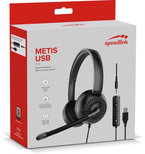 Verpackung des Speedlink Metis USB Stereo Headsets mit Mikrofon, USB-Anschluss und Bedienelementen auf der Kabelsteuerung