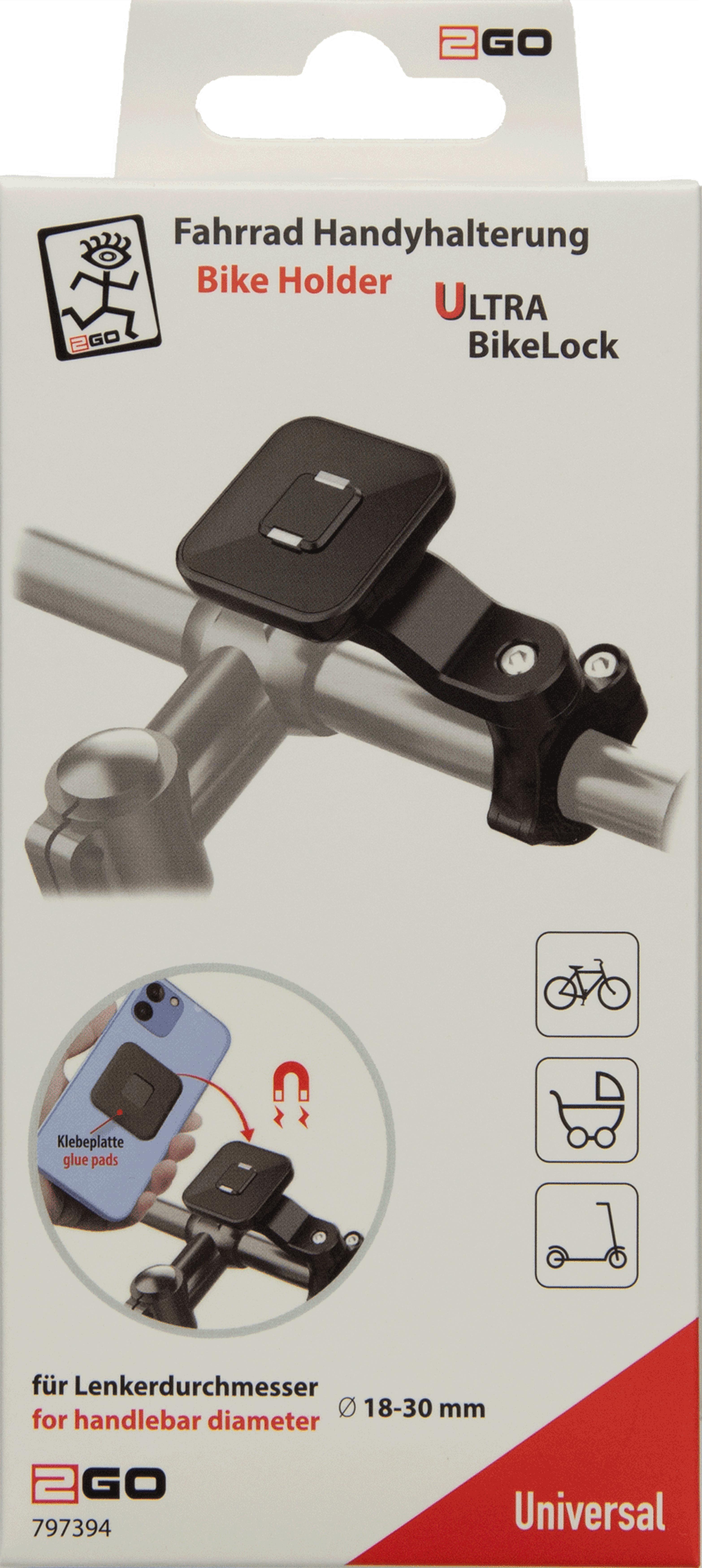 2GO Fahrrad Handyhalterung Ultra BikeLock fuer 18-30mm