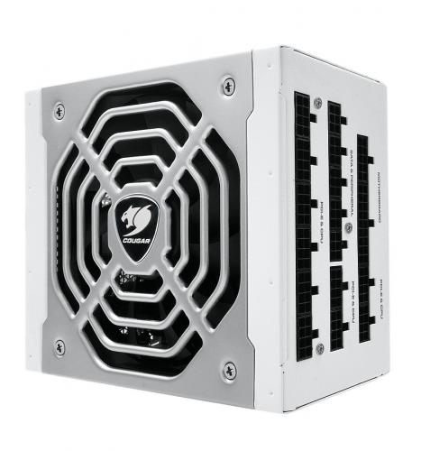 Weißes modulares Cougar-Netzteil mit sichtbar integriertem Lüftergitter