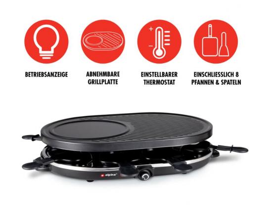 Raclette-Grill mit abnehmbarer Grillplatte, einstellbarem Thermostat und 8 Pfannen mit Spatel.