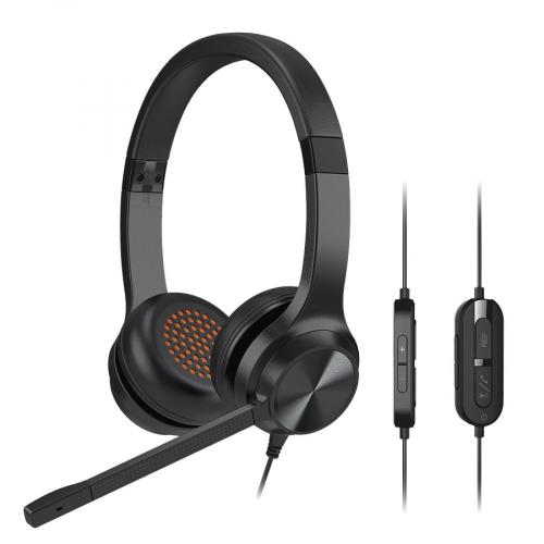 Ein schwarzes On-Ear-Headset mit abnehmbarem Mikrofon und integrierter Kabelsteuerung, ideal für klare Kommunikation und Komfort.