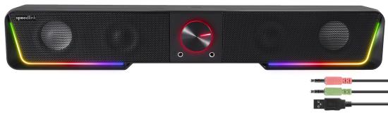 Schwarze RGB Soundbar mit Beleuchtung, Lautstärkeregler und mitgelieferten Anschlusskabeln