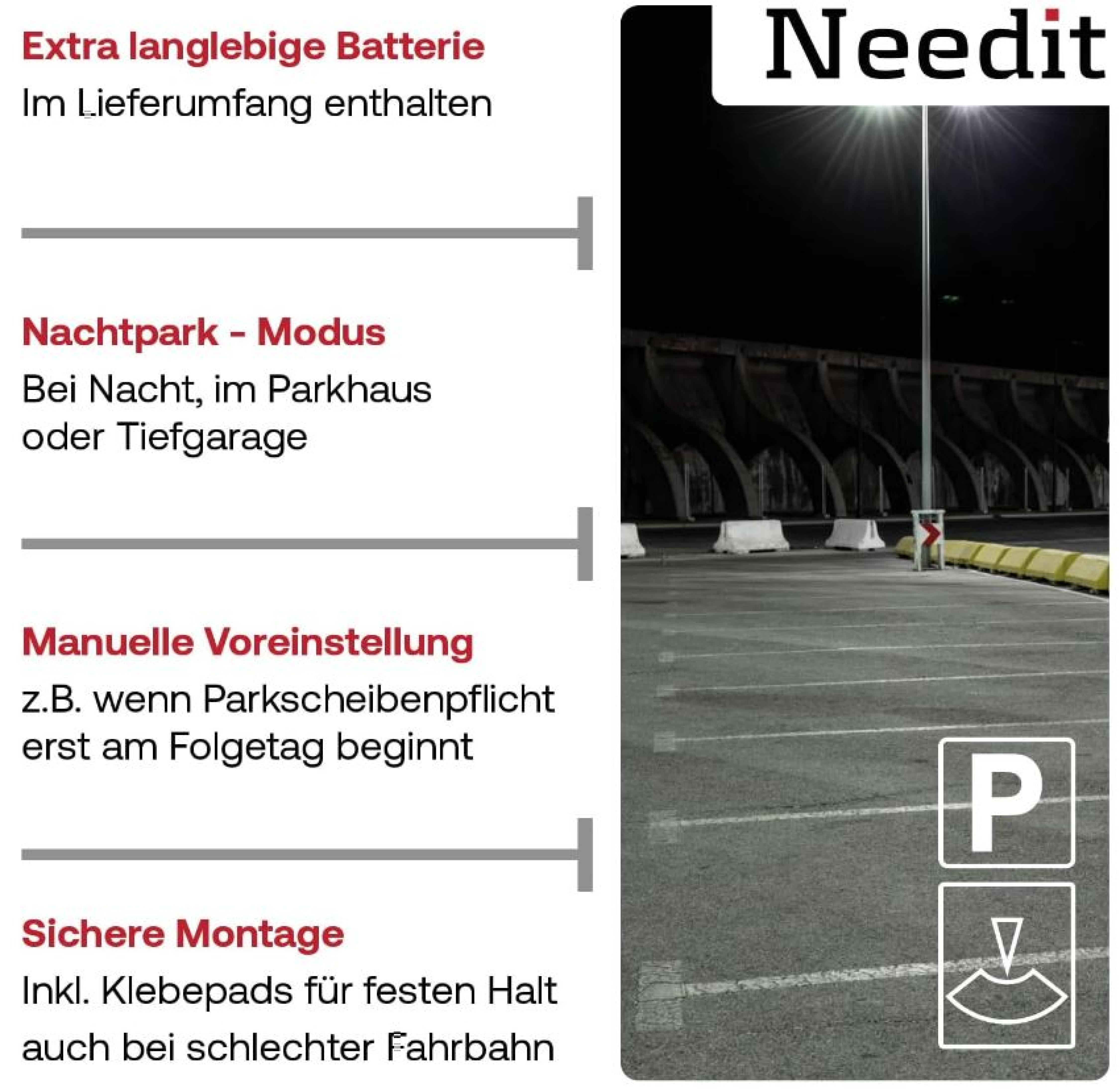 Abbildung der Needit Parkscheibe mit Funktionen wie extra langlebiger Batterie, Nachtpark-Modus, manueller Voreinstellung und sicherer Montage mit Klebepads.