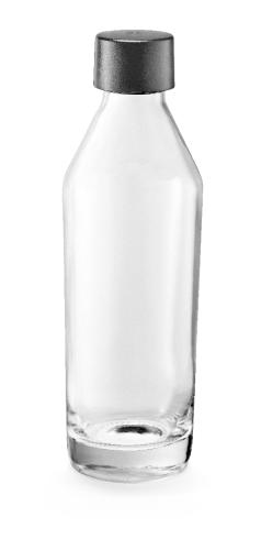 Klare Glasflasche mit schwarzem Schraubverschluss, ideal für Wasser oder Saft