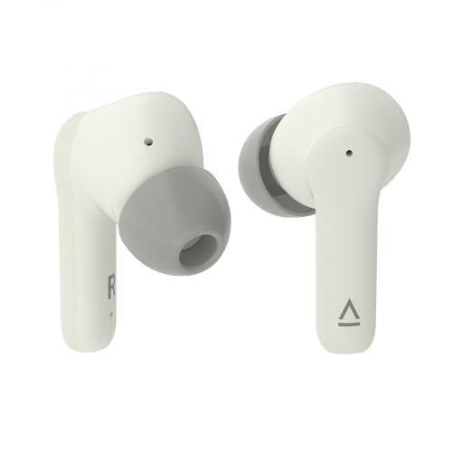 Weiße kabellose In-Ear-Kopfhörer mit grauen Ohrstöpseln und ergonomischem Design