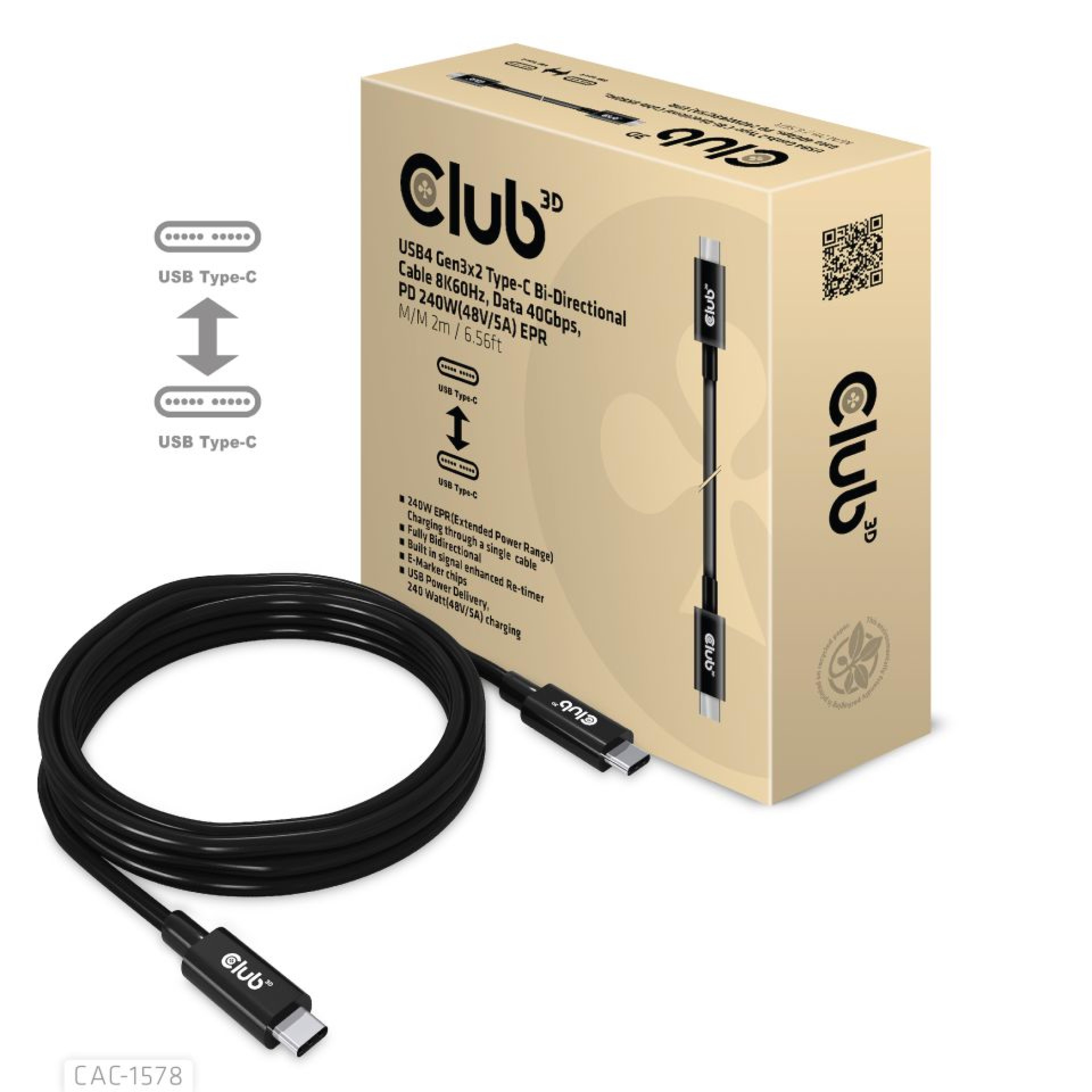 Club3D Kabel USB 4 Typ C PD 240W / 8K / 40Gbps 2m St/St retail