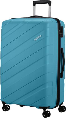 Großer blauer Hartschalenkoffer mit stabilen Rollen und einem ausziehbaren Griff