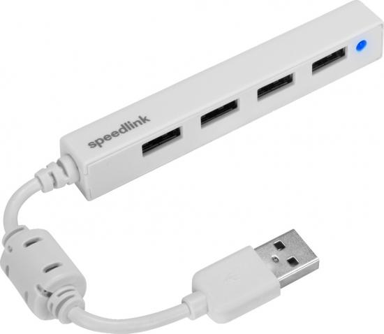 USB-Hub mit vier Anschlüssen und LED-Anzeige Weißer USB-Hub von Speedlink mit vier USB-Anschlüssen und kurzem Kabel mit USB-Stecker