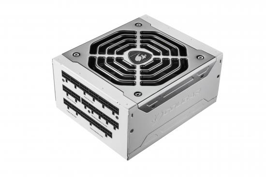 Silbernes modulares PC-Netzteil mit Lüftergitter und zahlreichen Anschlüssen