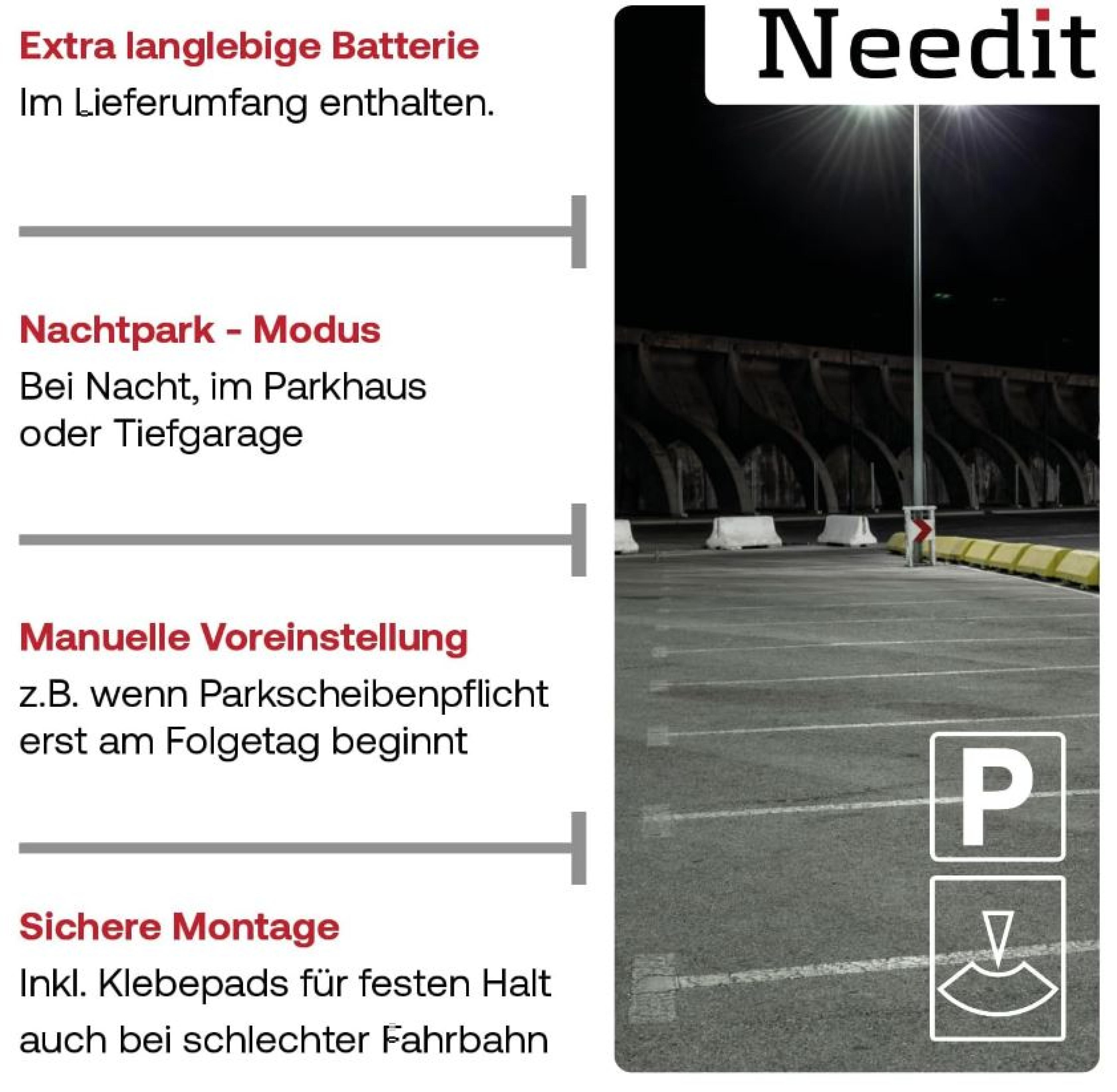 Parkscheibe von Needit mit extra langlebiger Batterie, Nachtpark-Modus, manueller Voreinstellung und sicherer Montageoption mit Klebepads