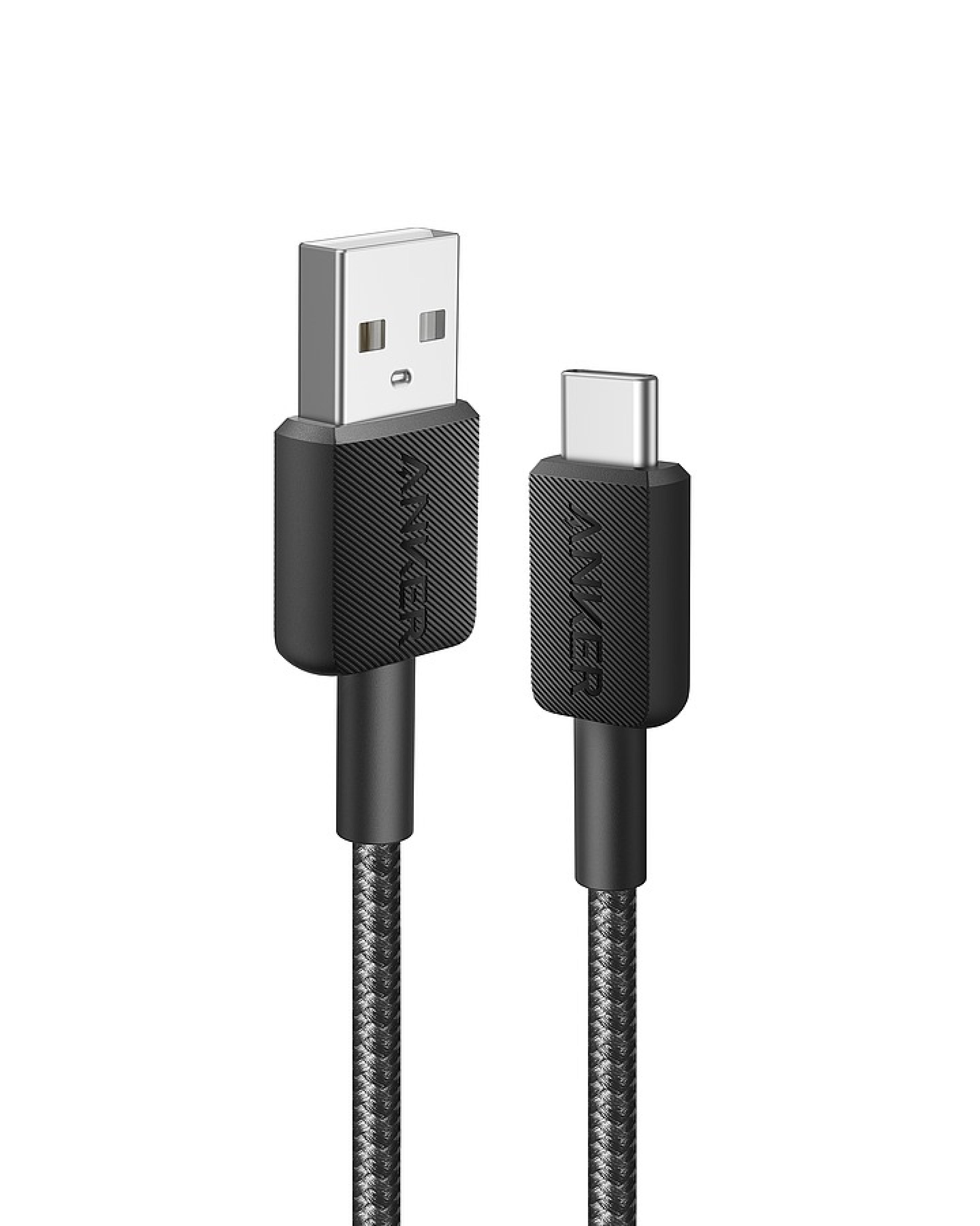 Schwarzes USB-A zu USB-C Ladekabel mit textilummanteltem Kabel für Langlebigkeit und effizientes Laden.