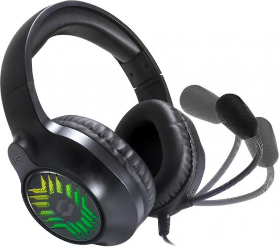 Schwarzes Gaming-Headset mit flexiblem Mikrofon und leuchtenden RGB-Lichtern